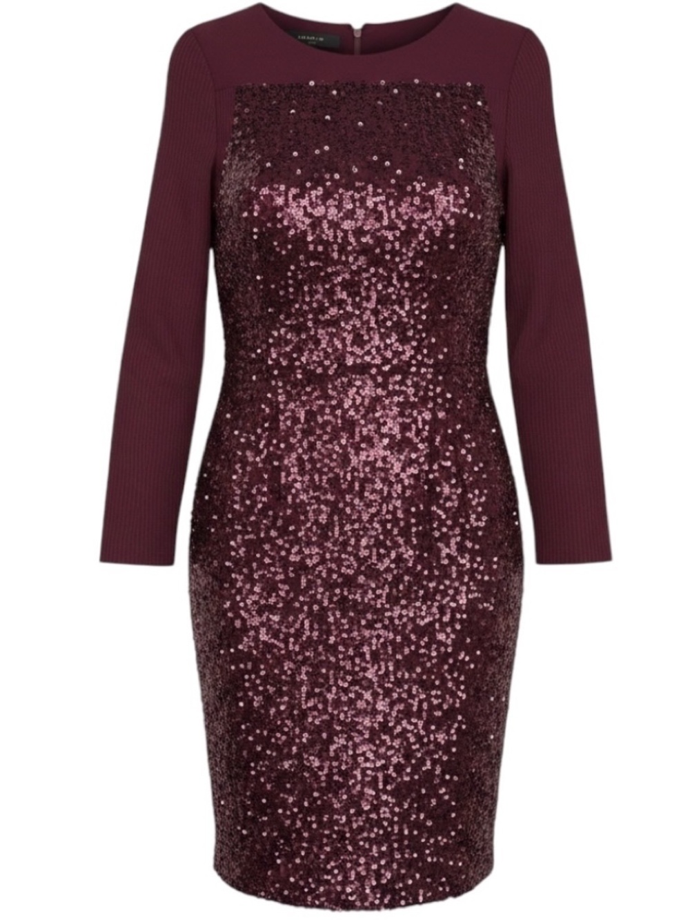 ELIE SAAB BURGUNDY SEQUINED LONG SLEEVED CREPE MIDI COCKTAIL DRESS